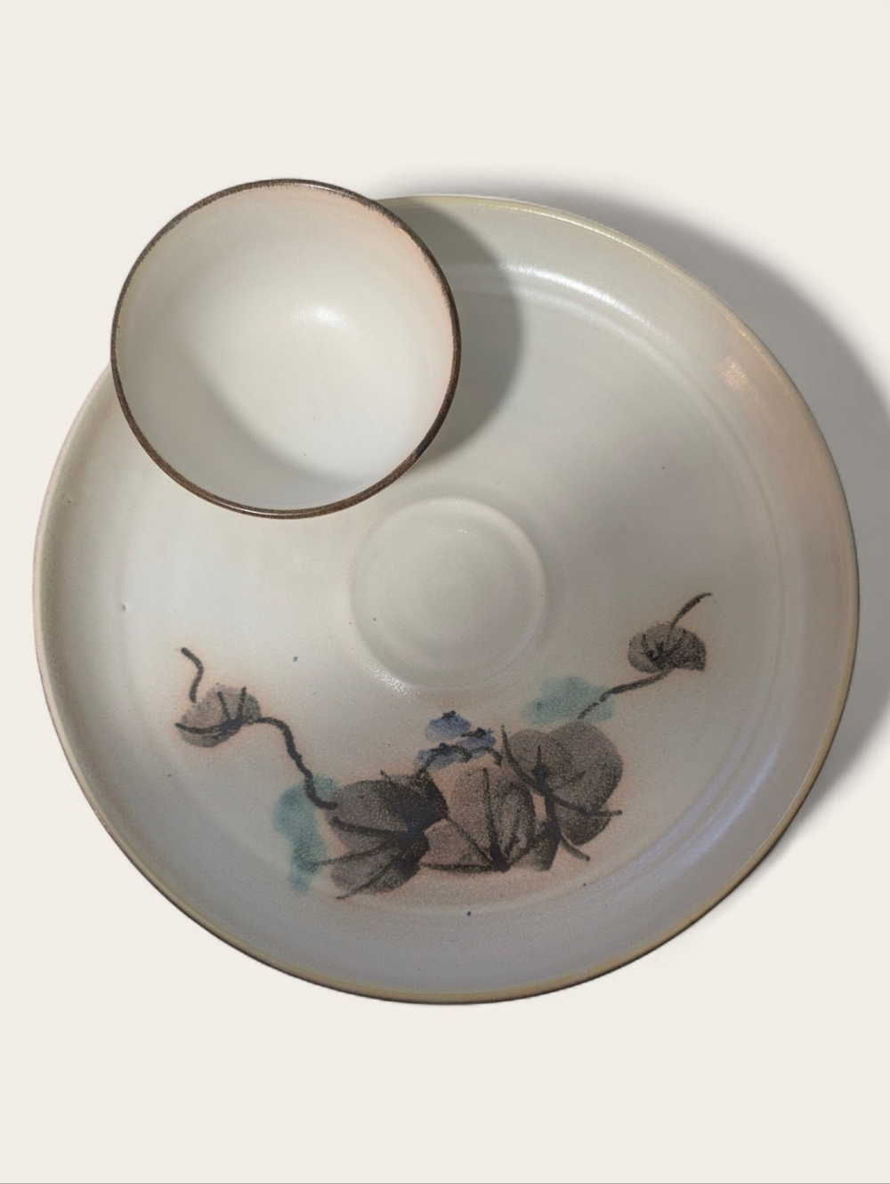 Vintage Hand-Painted Studio Pottery Chip and Dip Set - Signed "Mae"